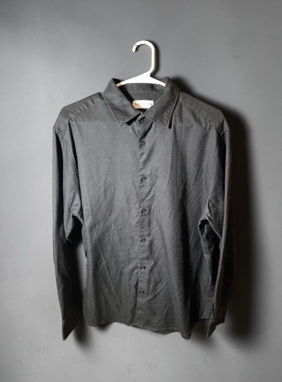 ZARA MAN Black Long-Sleeve Button-Up Dress Shirt, Size XL